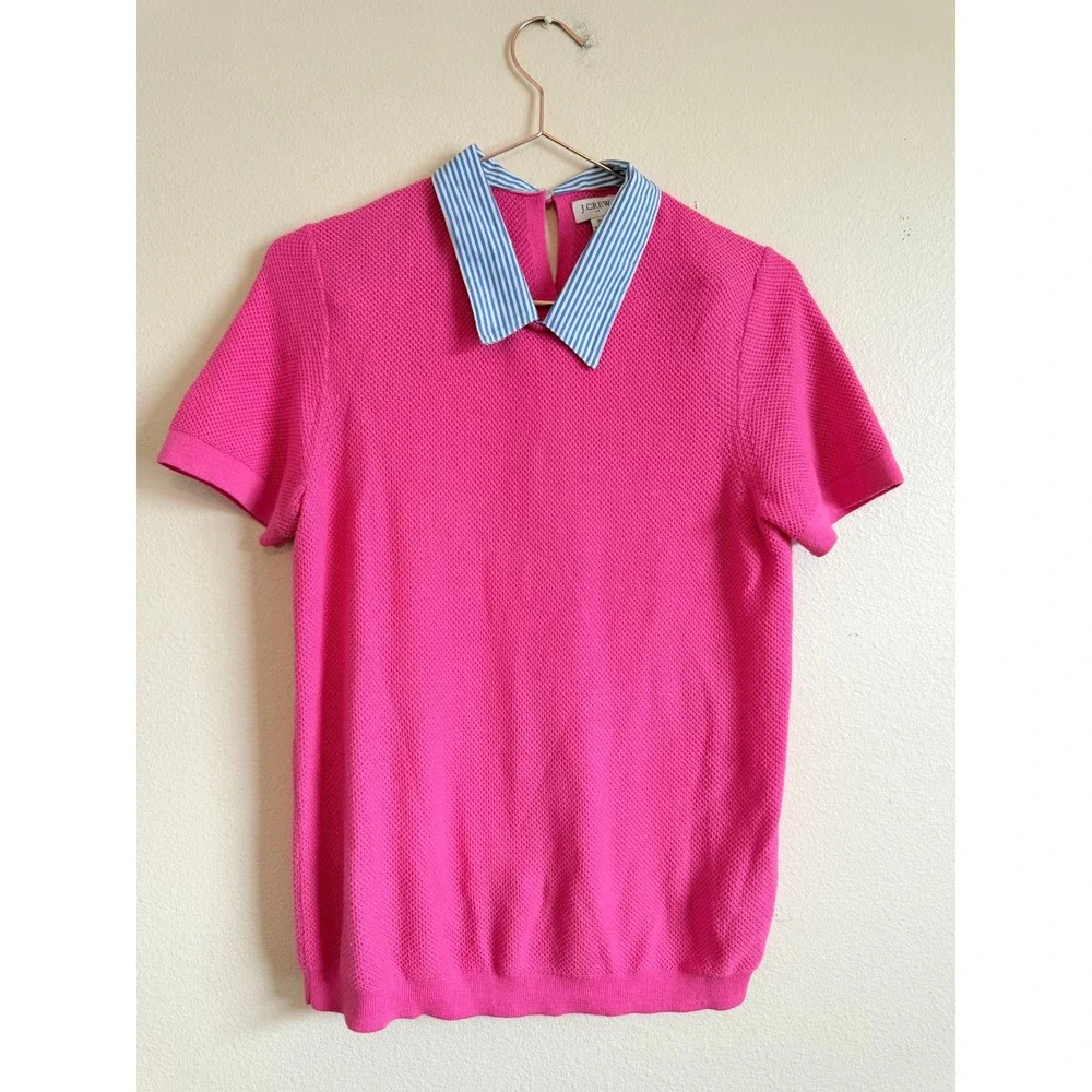 J.Crew Sweater Top Women Small Pink Striped Collar AW366 Short Sleeve Preppy